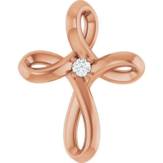 14K Gold Round Natural Diamond Solitaire Cross Necklace or Pendant - Rose Gold