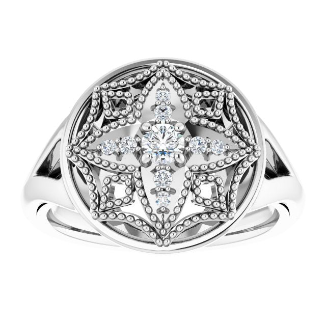 14K Gold Round Natural Diamond Accented Vintage-Inspired Ring - White Gold - view 3
