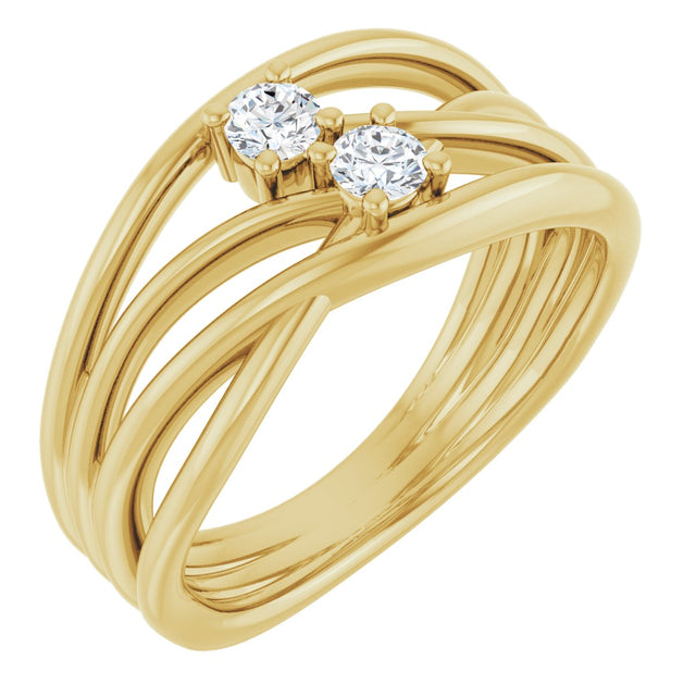 14K Gold Round Natural Diamond Two-Stone Bypass Ring – 3mm Stones - Yellow Gold