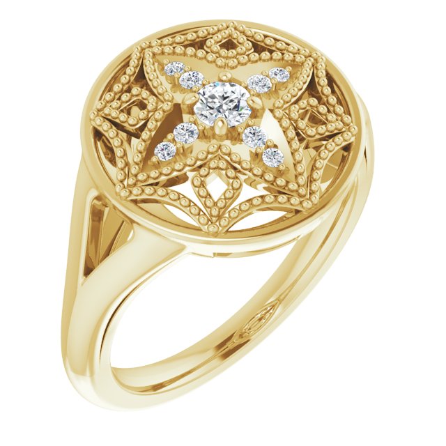 14K Gold Round Natural Diamond Accented Vintage-Inspired Ring - Yellow Gold