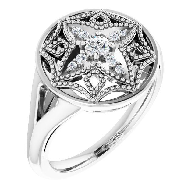 14K Gold Round Natural Diamond Accented Vintage-Inspired Ring - White Gold