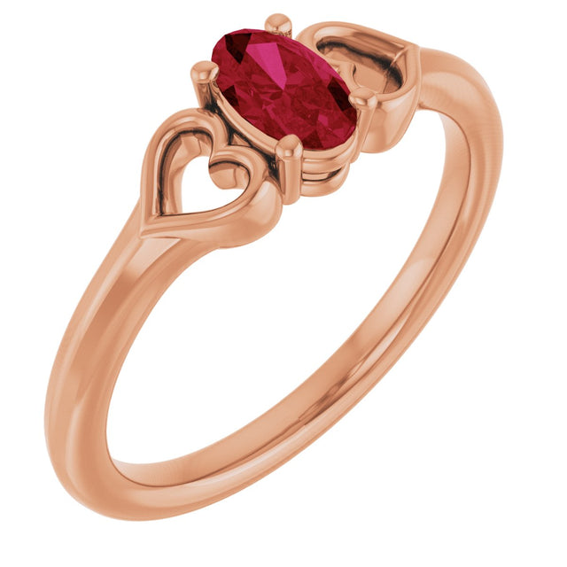14K Gold Oval Lab-Grown Ruby Youth Heart Ring - Rose Gold