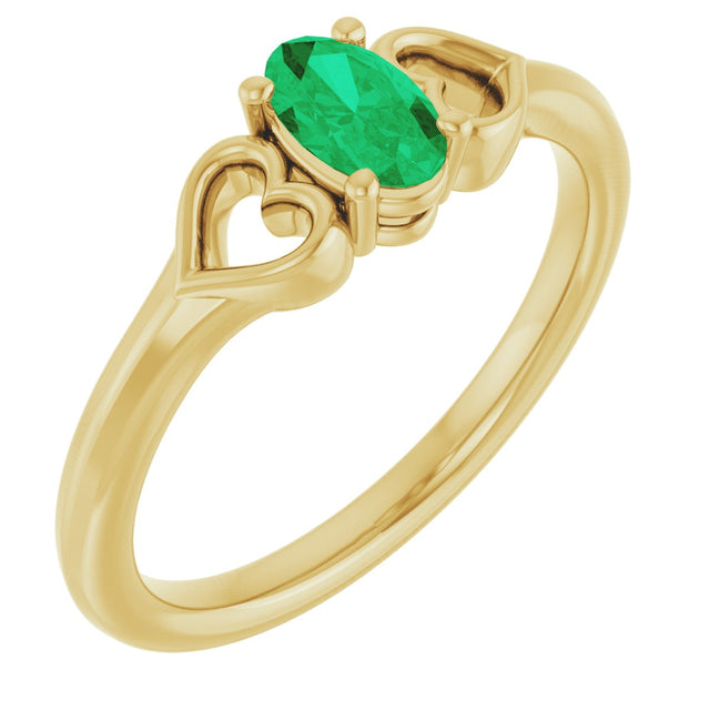 14K Gold Oval Natural Emerald Youth Heart Ring - Yellow Gold
