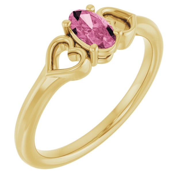14K Gold Oval Natural Pink Tourmaline Youth Heart Ring - Yellow Gold