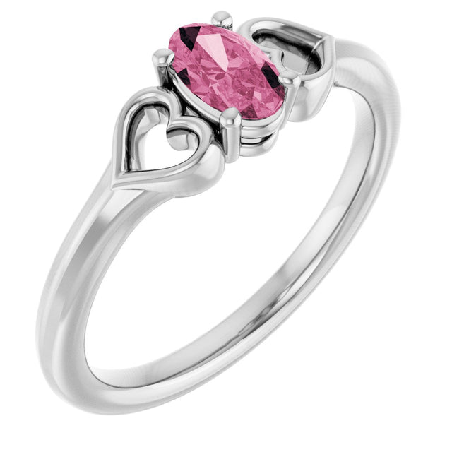 14K Gold Oval Natural Pink Tourmaline Youth Heart Ring - White Gold