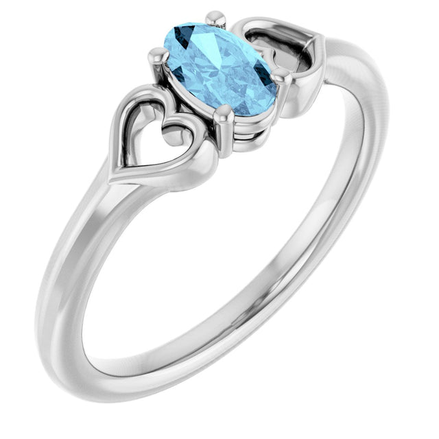 Platinum Oval Natural Aquamarine Youth Heart Ring