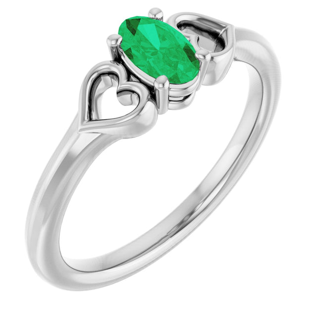 Platinum Oval Natural Emerald Youth Heart Ring