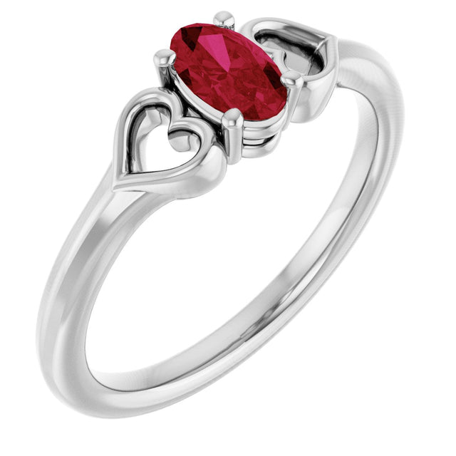 14K Gold Oval Lab-Grown Ruby Youth Heart Ring - White Gold