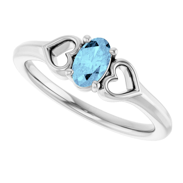 14K Gold Oval Natural Aquamarine Youth Heart Ring - White Gold - view 5