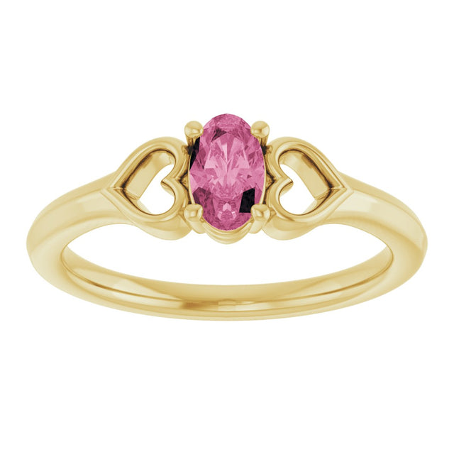 14K Gold Oval Natural Pink Tourmaline Youth Heart Ring - Yellow Gold - view 3