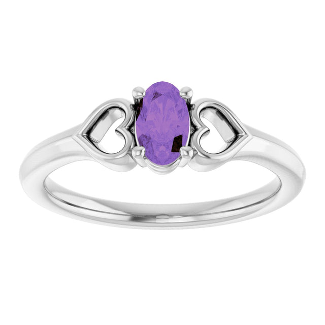 14K Gold Oval Natural Amethyst Youth Heart Ring - White Gold - view 3