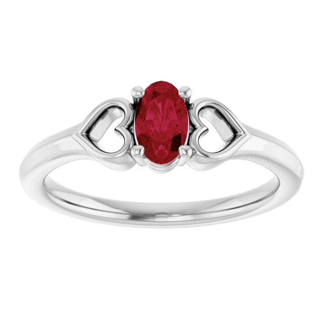 Platinum Oval Lab-Grown Ruby Youth Heart Ring - view 3
