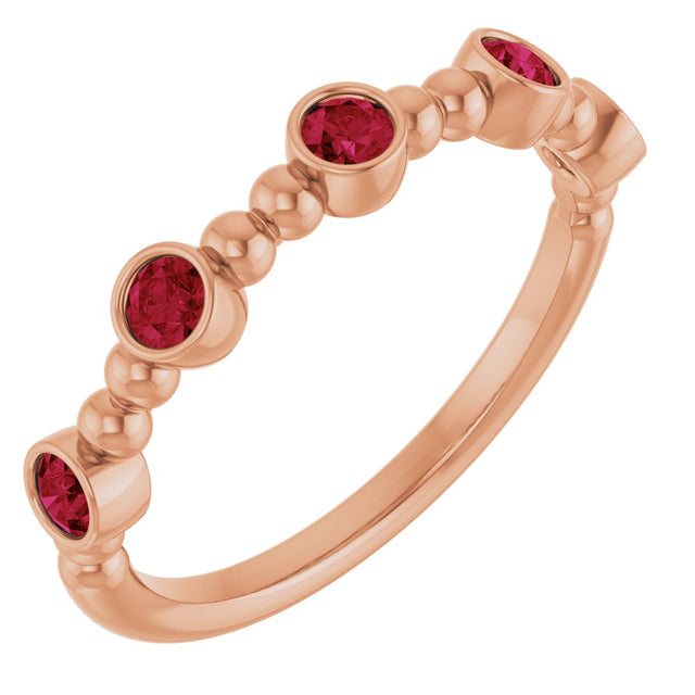 14K Gold Round Natural Ruby Stackable Bead Ring – 2.5mm Stones - Rose Gold
