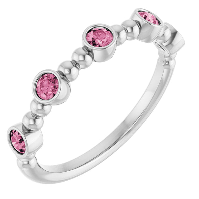 14K Gold Round Natural Pink Tourmaline Stackable Bead Ring – 2.5mm Stones - White Gold