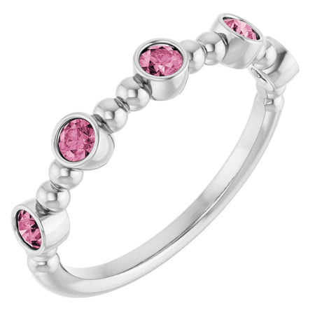 Platinum Round Natural Pink Tourmaline Stackable Bead Ring – 2.5mm Stones
