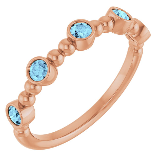 14K Gold Round Natural Aquamarine Stackable Bead Ring – 2.5mm Stones - Rose Gold
