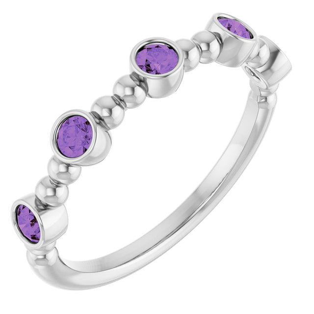 Platinum Round Natural Amethyst Stackable Bead Ring – 2.5mm Stones