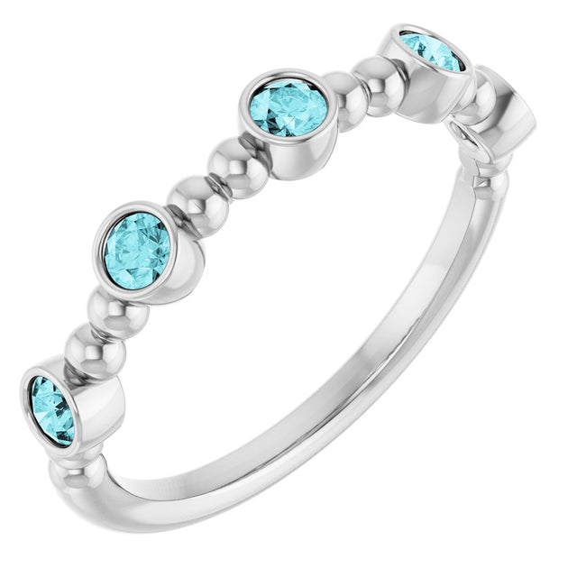 14K Gold Round Natural Blue Zircon Stackable Bead Ring – 2.5mm Stones - White Gold