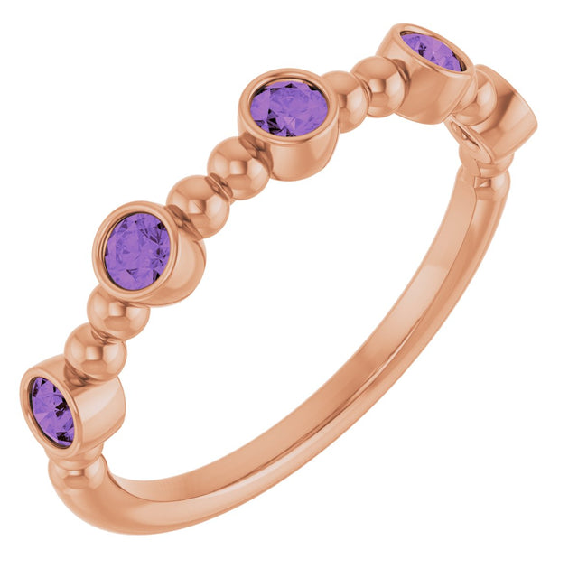 14K Gold Round Natural Amethyst Stackable Bead Ring – 2.5mm Stones - Rose Gold