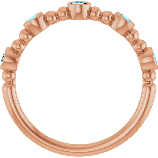 14K Gold Round Natural Aquamarine Stackable Bead Ring – 2.5mm Stones - Rose Gold - view 2