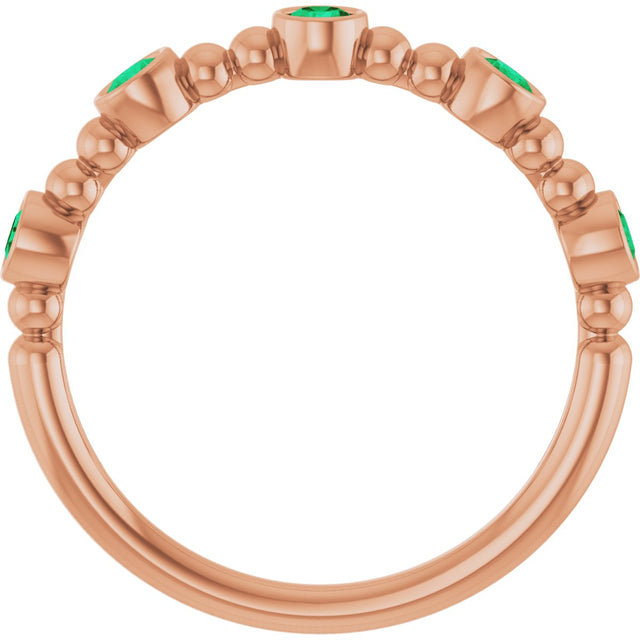 14K Gold Round Lab-Grown Emerald Stackable Bead Ring – 2.5mm Stones - Rose Gold - view 2