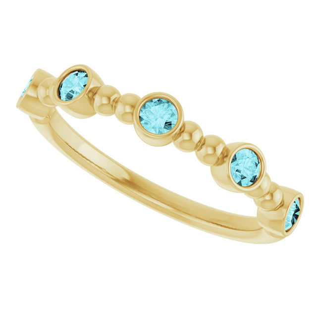 14K Gold Round Natural Blue Zircon Stackable Bead Ring – 2.5mm Stones - Yellow Gold - view 5