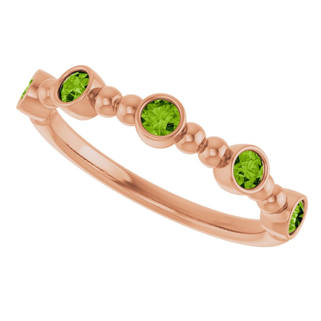 14K Gold Round Natural Peridot Stackable Bead Ring – 2.5mm Stones - Rose Gold - view 5