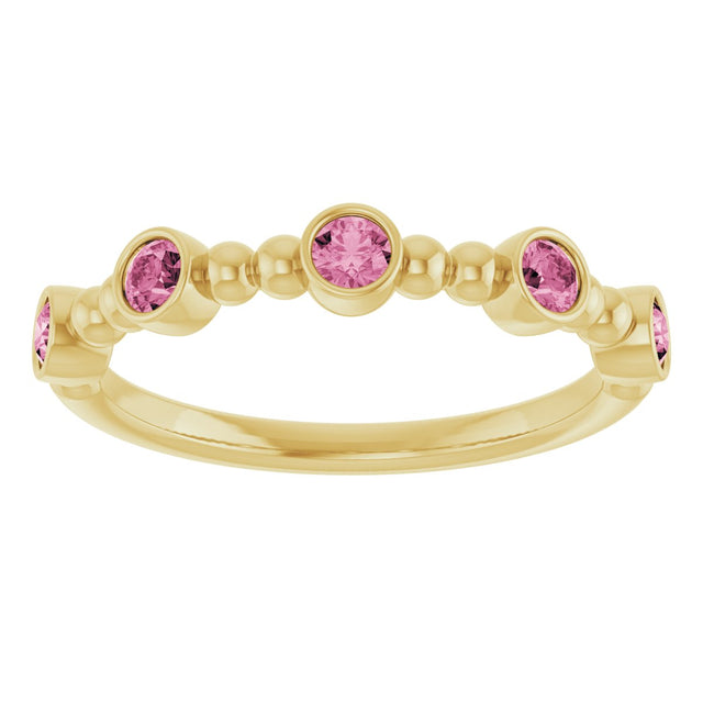 14K Gold Round Natural Pink Tourmaline Stackable Bead Ring – 2.5mm Stones - Yellow Gold - view 3