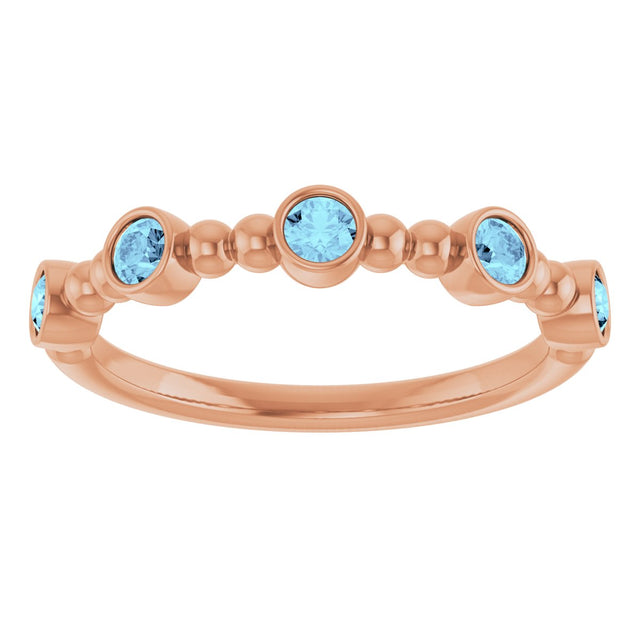 14K Gold Round Natural Aquamarine Stackable Bead Ring – 2.5mm Stones - Rose Gold - view 3