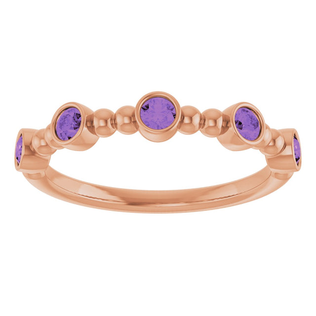 14K Gold Round Natural Amethyst Stackable Bead Ring – 2.5mm Stones - Rose Gold - view 3