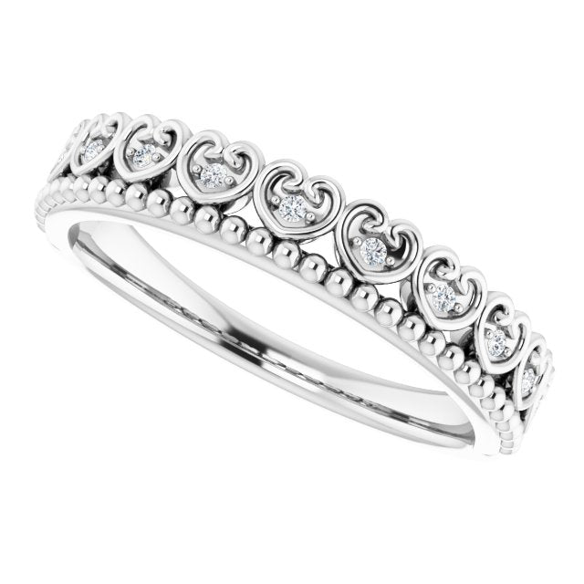 Platinum Round Natural Diamond Stackable Beaded Heart Ring - view 5