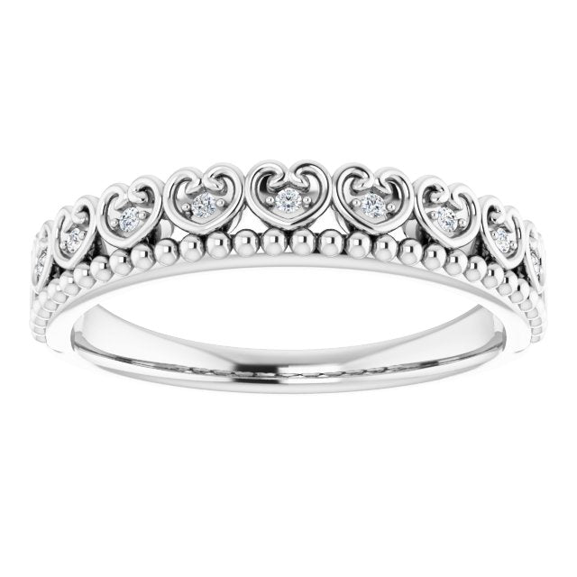 Platinum Round Natural Diamond Stackable Beaded Heart Ring - view 3