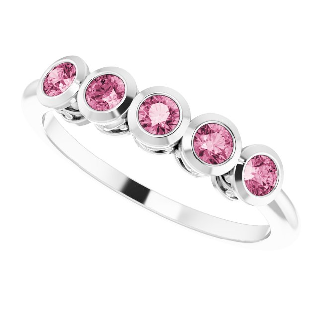 14K Gold Round Natural Pink Tourmaline Five-Stone Bezel-Set Ring - White Gold - view 5