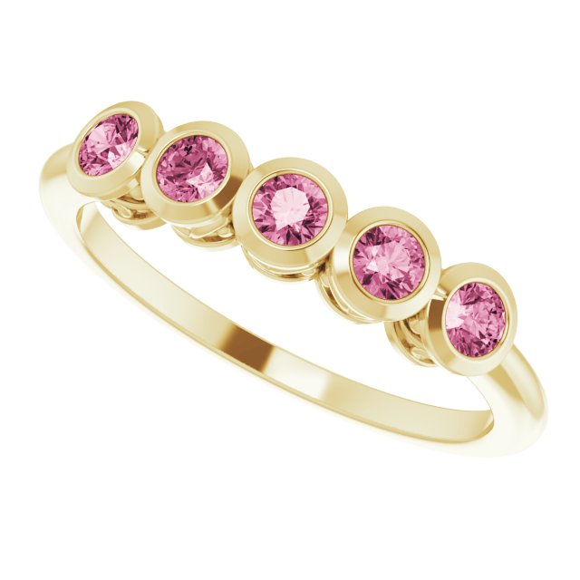 14K Gold Round Natural Pink Tourmaline Five-Stone Bezel-Set Ring - Yellow Gold - view 5