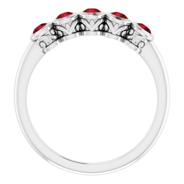 14K Gold Round Natural Mozambique Garnet Five-Stone Bezel-Set Ring - White Gold - view 2