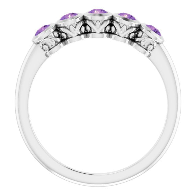 Platinum Round Natural Amethyst Five-Stone Bezel-Set Ring - view 2