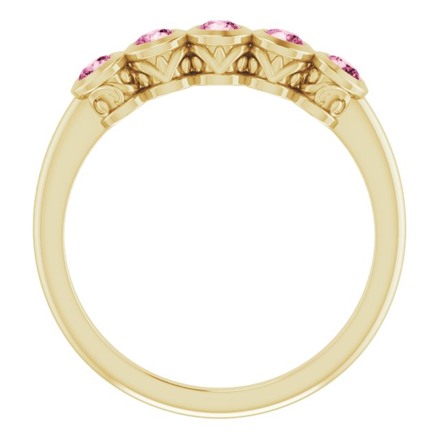 14K Gold Round Natural Pink Tourmaline Five-Stone Bezel-Set Ring - Yellow Gold - view 2
