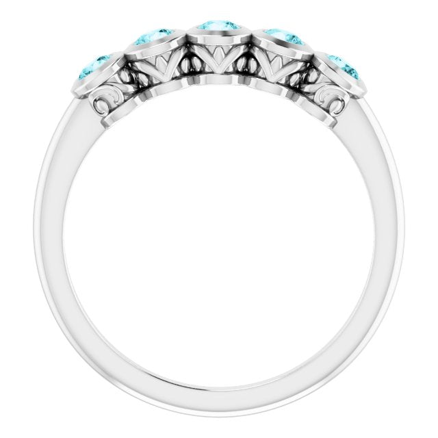14K Gold Round Natural Blue Zircon Five-Stone Bezel-Set Ring - White Gold - view 2