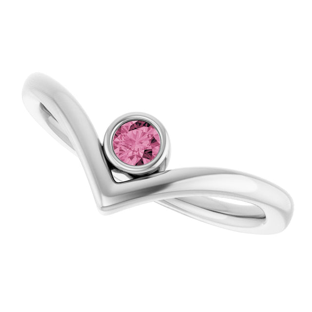 14K Gold Round Natural Pink Tourmaline Bezel-Set Solitaire V Ring - White Gold - view 5