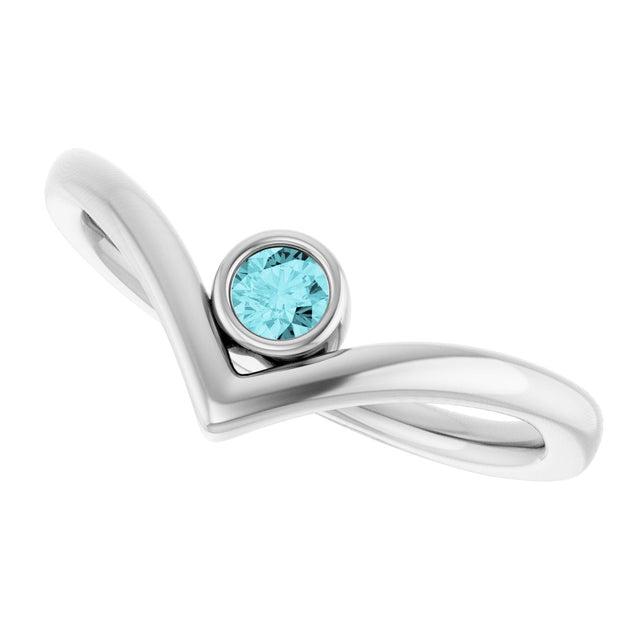 Platinum Round Natural Blue Zircon Bezel-Set Solitaire V Ring - view 5