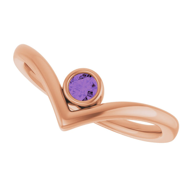 14K Gold Round Natural Amethyst Bezel-Set Solitaire V Ring - Rose Gold - view 5