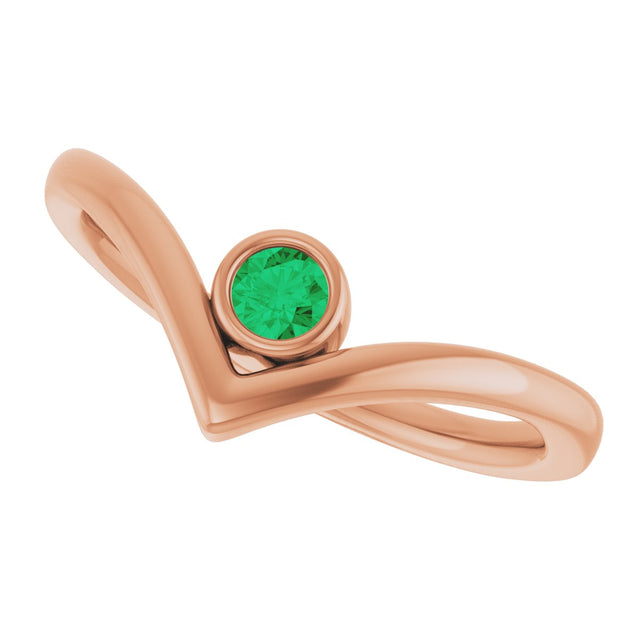 14K Gold Round Natural Emerald Bezel-Set Solitaire V Ring - Rose Gold - view 5