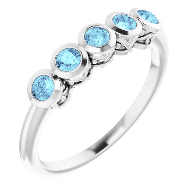Platinum Round Natural Aquamarine Five-Stone Bezel-Set Ring
