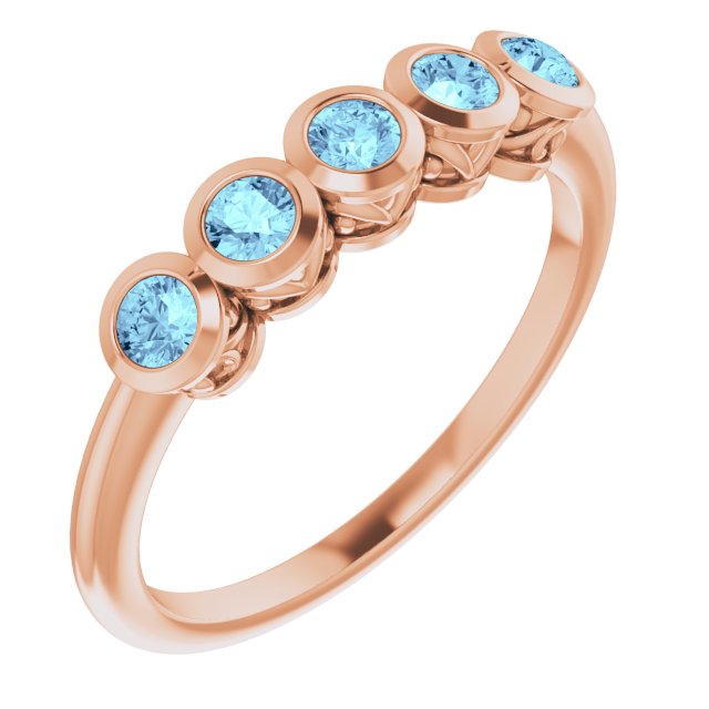 14K Gold Round Natural Aquamarine Five-Stone Bezel-Set Ring - Rose Gold