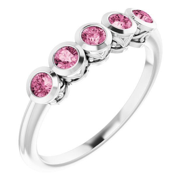 14K Gold Round Natural Pink Tourmaline Five-Stone Bezel-Set Ring - White Gold