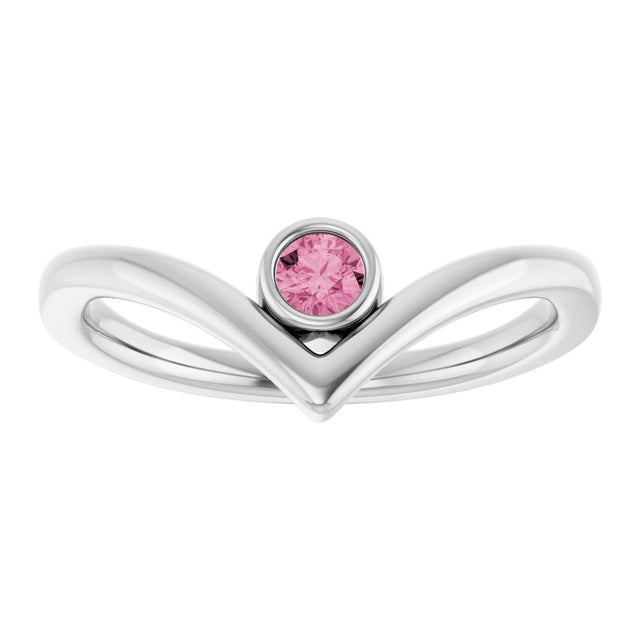 Platinum Round Natural Pink Tourmaline Bezel-Set Solitaire V Ring - view 3