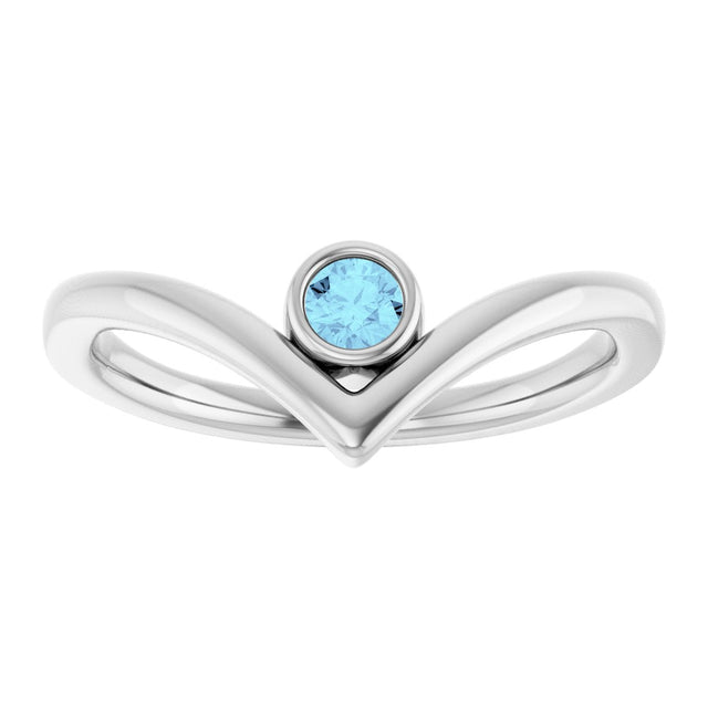 14K Gold Round Natural Aquamarine Bezel-Set Solitaire V Ring - White Gold - view 3