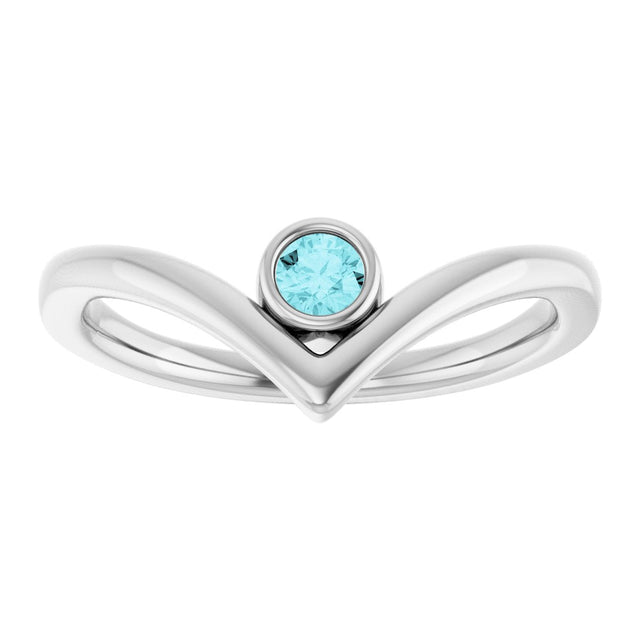 Platinum Round Natural Blue Zircon Bezel-Set Solitaire V Ring - view 3