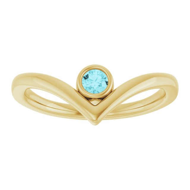 14K Gold Round Natural Blue Zircon Bezel-Set Solitaire V Ring - Yellow Gold - view 3
