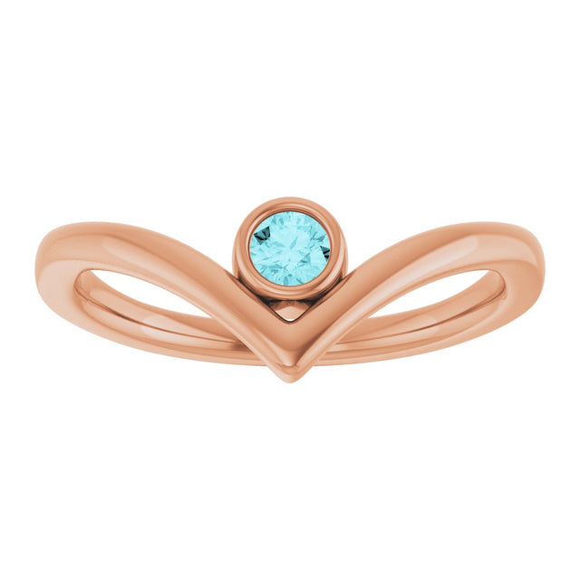 14K Gold Round Natural Blue Zircon Bezel-Set Solitaire V Ring - Rose Gold - view 3